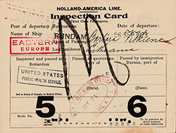 Front Side of a Holland-America Line Inspection Card (Third Class Passengers) for Lithuanian Immigrant, Sailing on the SS Ryndam (Rijndam) from Rotterdam to New York on 26 September 1923.
