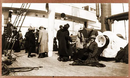 Groups of Titanic Survivors Aboard Rescue Ship Carpathia, April 1912.