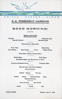 Breakfast Menu Card, SS President Harding, United States Lines, April 1934, Third Class