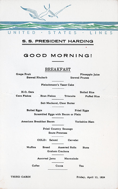 Vintage Third Cabin Breakfast Menu Card From Friday, 13 April 1934 Onboard the SS President Harding.