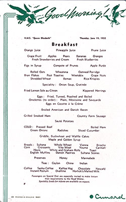 RMS Queen Elizabeth Breakfast Menu Card 19 June 1952