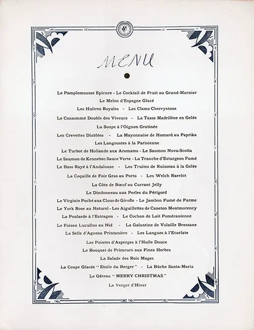 Christmas Eve Reveillon Menu On Board the SS De Grasse of the French Line, Sunday, 24 December 1950.