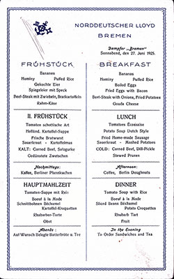SS Bremen Breakfast Bill of Fare Card 27 June 1925