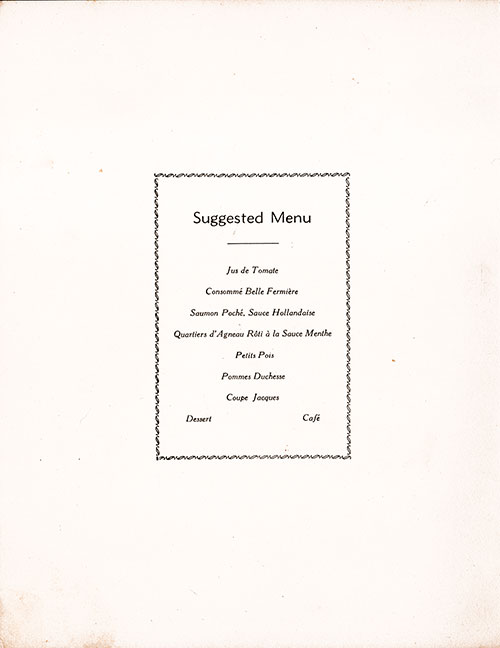 Chef's Suggestions, RMS Franconia Dinner Menu - 13 June 1955