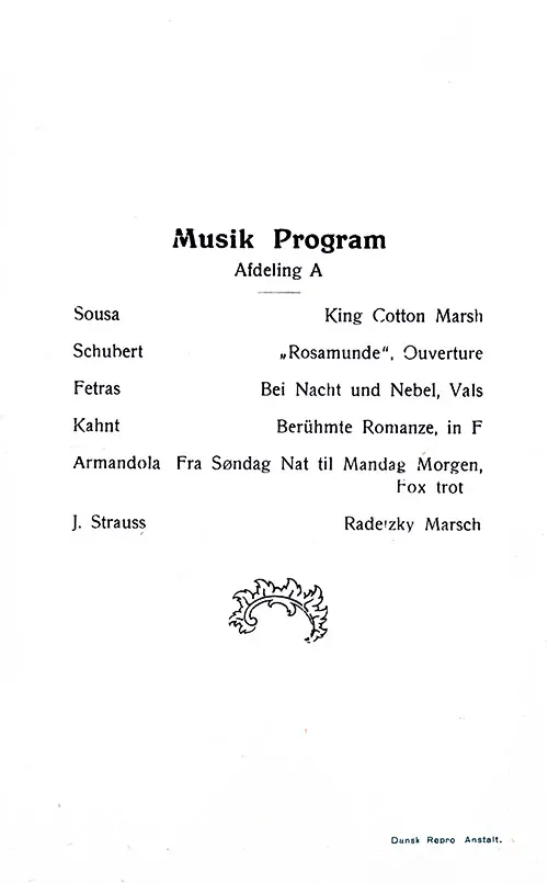 Music Program Included with a Cabin Class Dinner Menu From Monday, 25 June 1923 on Board the SS Hellig Olav of the Scandinavian-American Line.