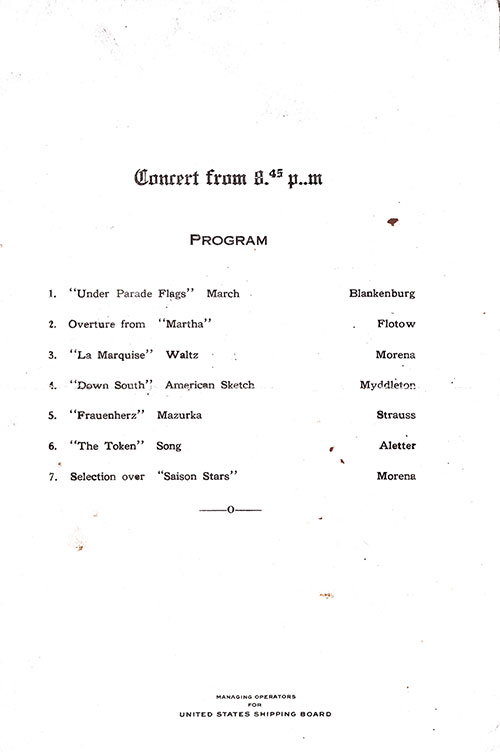 Concert Program included with the Dinner Menu from Friday, 19 October 1923 on Board the SS President Arthur of the United States Lines.
