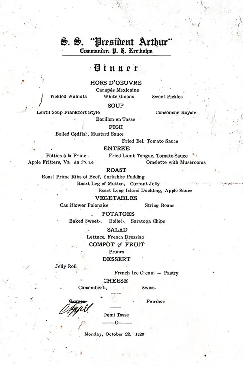 Menu Items, Vintage Dinner Menu From Monday, 22 October 1923 on Board the SS President Arthur of the United States Lines.