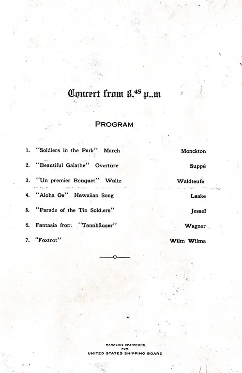 Music Concert Program Included with Dinner Menu From Monday, 22 October 1923 on Board the SS President Arthur of the United States Lines.
