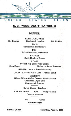 Front Cover of a Vintage Dinner Menu Card from Saturday, 7 April 1934 on board the SS President Harding.