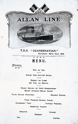 SS Scandinavian Dinner Menu Card 20 July 1912