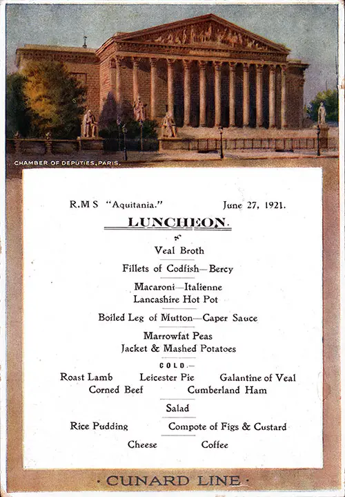 Front Side of a Vintage Luncheon Menu Card from 27 June 1921 on board the RMS Aquitania of the Cunard Line.