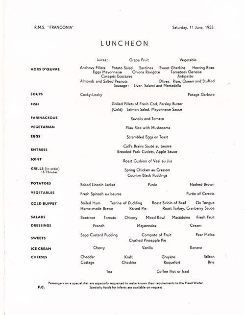 Menu Items, RMS Franconia Luncheon Menu - 11 June 1955