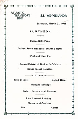 Menu Card, SS Minnekahda Luncheon Bill of Fare - 31 March 1928