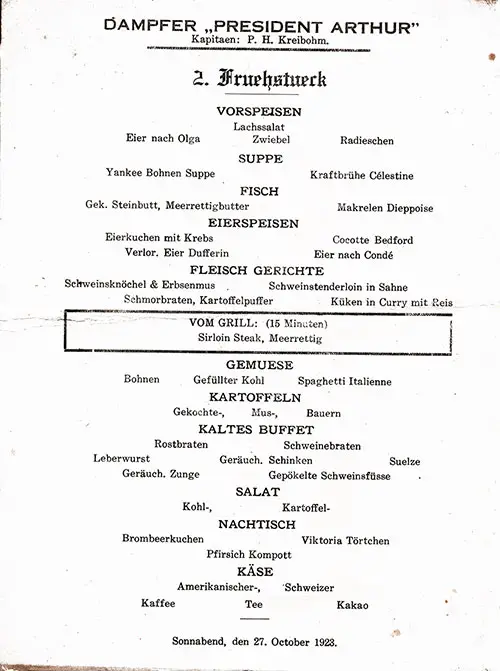Menu Items in German, SS President Arthur Luncheon Menu - 27 October 1923