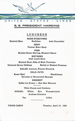 Front Side of a Vintage Third Cabin Luncheon Menu Card from Tuesday, 10 April 1934 on board the SS President Harding.