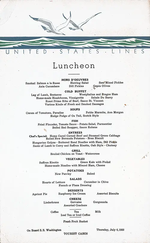 Menu Card, SS Washington Luncheon Menu - 6 July 1933