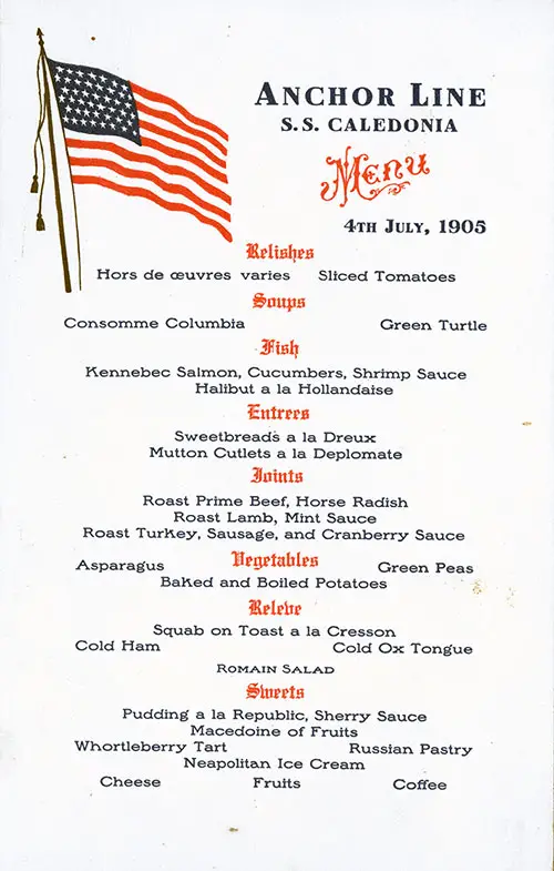 Front Side, Fourth of July Dinner Menu Card for Tuesday, 4 July 1905 from the SS Caledonia of the Anchor Line