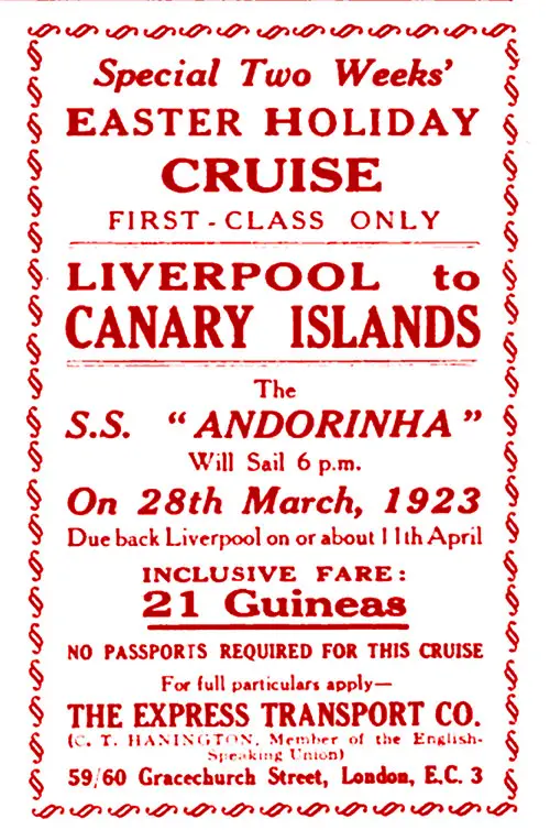 Advertisement - SS Andorinha Easter Holiday Cruise, 28 March 1923.
