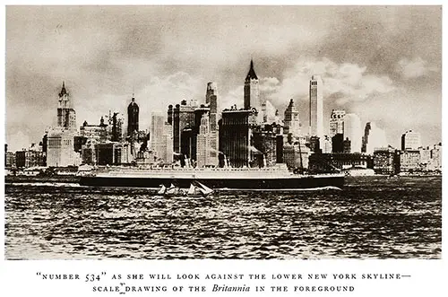 Early Drawing of Hull Number 534 that would become the RMS Queen Mary, As She Will Look Against the Lower New York Skyline.