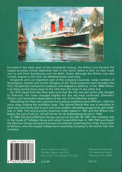 Back Cover, The Wilson Line / Ellerman's Wilson Line Limited by Arthur G. Credland, 2000.