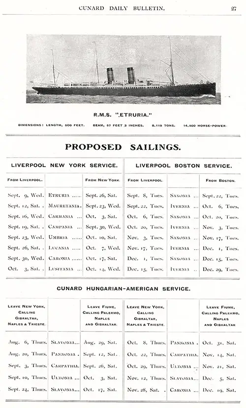 Sailing Schedule, Liverpool-New York, Liverpool-Boston, New York-Gibraltar-Naples-Trieste-Fiume, Fiume, Palermo-Naples-Gibraltar-New York, from 9 September 1908 to 29 December 1908.