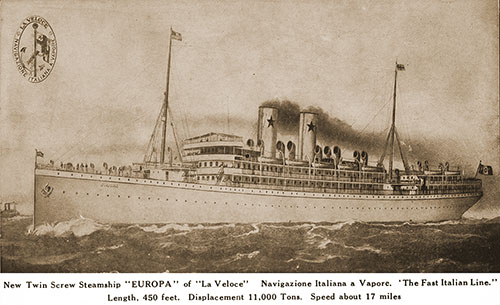 New Twin Screw Steamship SS Europa of La Veloce Navigazione Italiana a Vapore, c1907.
