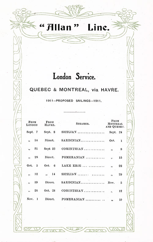 Proposed Sailings, London-Le Havre-Québec-Montréal Service, from 7 September 1911 to 12 November 1911.