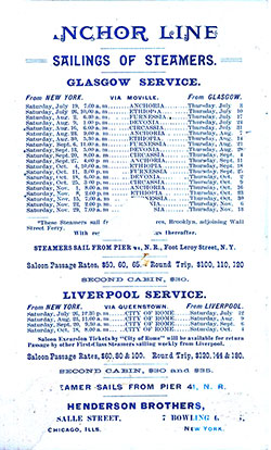 Sailing Schedule, Glasgow-Moville-New York Service, 19 July 1890 to 29 November 1890.