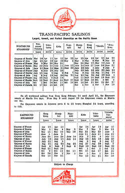 Canadian Pacific Trans-Pacific Sailing Schedule, Vancouver-Victoria-Yokohama-Kobe-Nagasaki-Shanghai-Hong Kong- Manilia-Hong Kong and Hong Kong-Shanghai-Nagasaki-Kobe-Yokohama-Victoria-Vancouver, from 30 March 1929 to 30 November 1929.