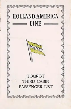Front Cover of a Tourist Third Cabin Passenger List for the SS Veendam of Holland-America Line, Departing 3 August 1926 from Rotterdam to New York via Boulogne-sur-Mer and Southampton