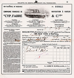 Fabre Line Third Class Passage Contract for the SS Patria, Departing from New York to Naples Dated 2 August 1915.