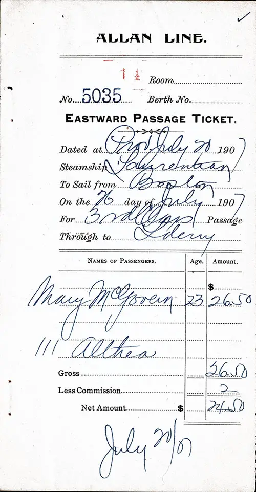 Allan Line SS Laurentian Eastward Passage Ticket, 26 July 1907, Boston to Londonderry.