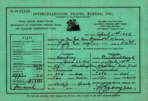 Receipt from Intercollegiate Travel Bureau, 1932