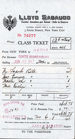 Passenger's Copy, Lloyd Sabaudo First Class Ticket for Passage on the SS Conte Biancamano.
