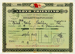 Lloyd Triestino Tourist Class Passage Ticket for a Voyage on the SS Galilea, Departing from Trieste for Haifa Dated 11 September 1936.