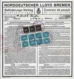 Norddeutscher Lloyd Bremen Passage Contract for Passage on the SS Werra, Departing from Havana to Galveston Dated 30 May 1933.