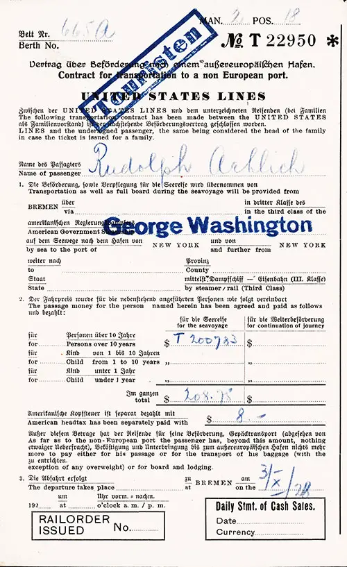Side B, Section 1, SS George Washington Third Class Passage Contract, 3 October 1928.
