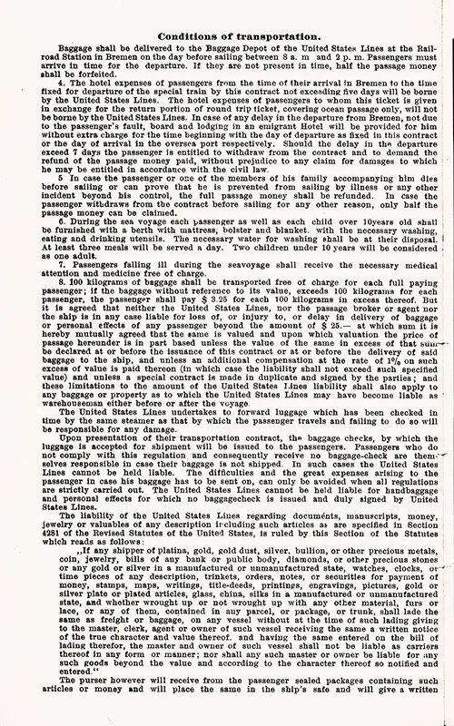 Conditions of Transportation, Part 1 of 3, SS George Washington Passage Contract, 3 October 1928.