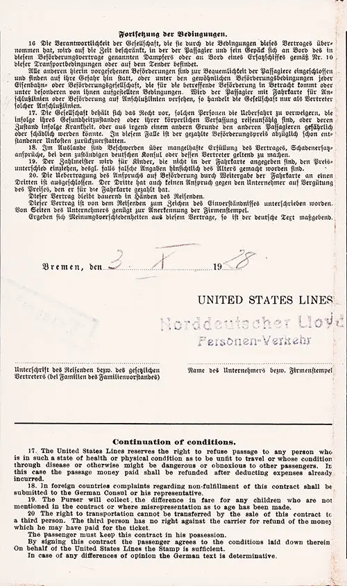 Conditions of Transportation, Part 3 of 3, SS George Washington Passage Contract, 3 October 1928.