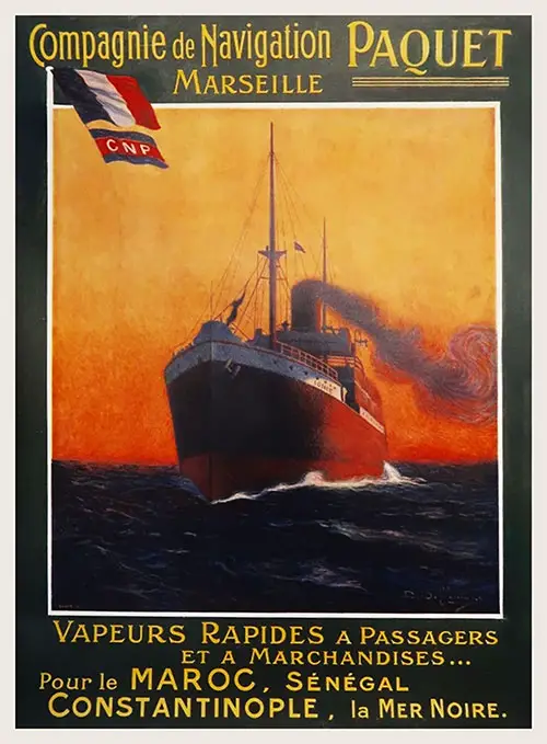 Poster, Compagnie de Navigation Paquet, Marseille with Fast Passenger and Goods Steamers For Morocco, Senegal, Constantinople, and the Black Sea, c1920.
