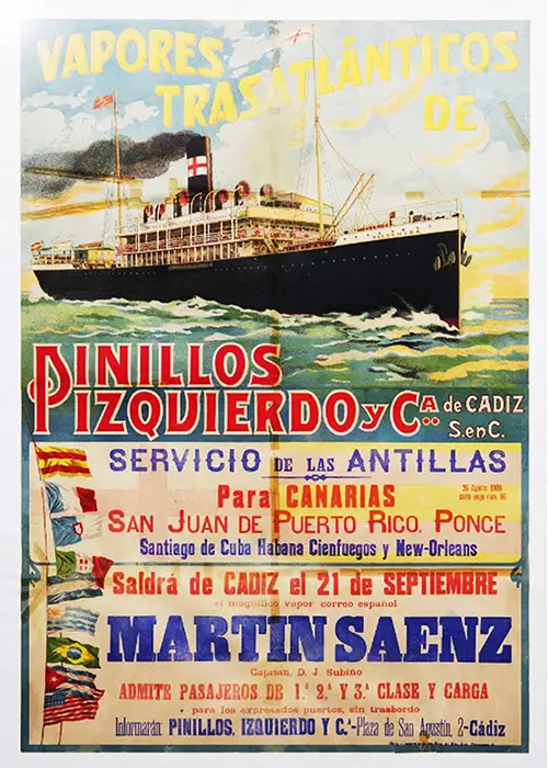 Poster from Pinillos Izquierdo & Company of Cadiz S. in C. Valbanera, 1909.