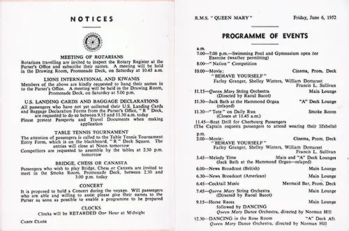 Program of Events for Friday, 6 June 1952 on Board the RMS Queen Mary.