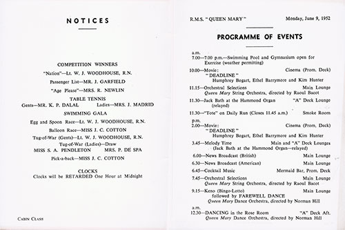 Program of Events for Monday, 9 June 1952 on Board the RMS Queen Mary.