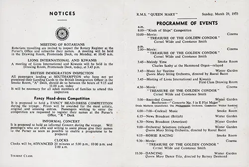 Program of Events for Sunday, 29 March 1953 on Board the RMS Queen Mary.
