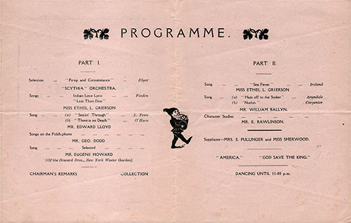 RMS Scythia Concert Program in Aid of the Seamen's Charities of New York and Liverpool, Thursday, 24 August 1922.