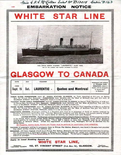 Front Side of 1928 Embarkation Notice Distributed by White Star Line Agents in Glasgow for the 15 September 1928 Sailing of the SS Laurentic from Glasgow to Québec and Montréal.