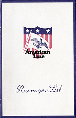 Front Cover, Cabin Class Passenger List for the SS Mongolia of the American Line, Departing Saturday, 30 August 1924 from Hamburg to New York.