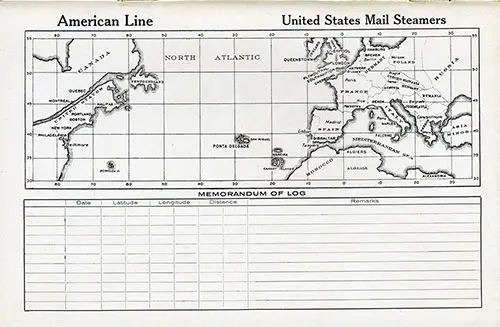 Back Cover: Track Chart and Memorandum of Log (Unused) on the Cabin Class Passenger List for the SS Mongolia of the American Line Dated 30 August 1924.