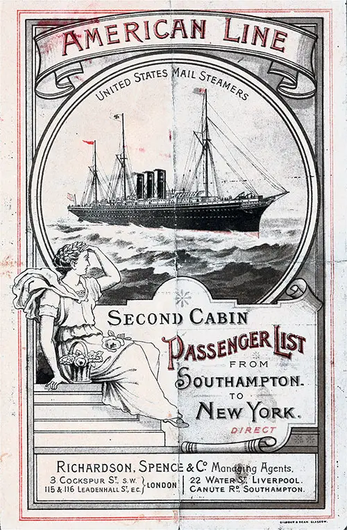 Front Cover: Second Cabin Passenger List for the SS New York of the American Line Dated 19 August 1893.