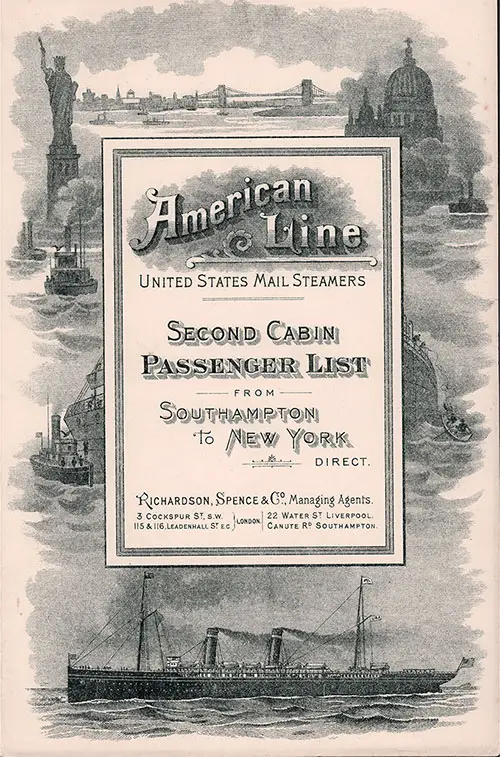 Front Cover, Second Cabin Passenger List for the SS New York of the American Line, Departing 9 November 1896 from Southampton to New York.